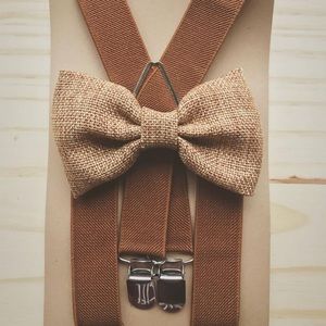 Khaki burlap bow tie & brown suspenders